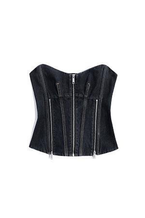 черный Джинсовый корсет из 100% хлопка. Модель приталенного силуэта с акцентной строчкой и застежкой на молнию спереди. Шнуровка на спинке.