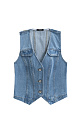 Джинсовый жилет из 100% хлопка. Модель прямого кроя с V-образным вырезом горловины и объемными вертикальными швами. Застежка на три металлические кнопки. Изделие без подкладки.