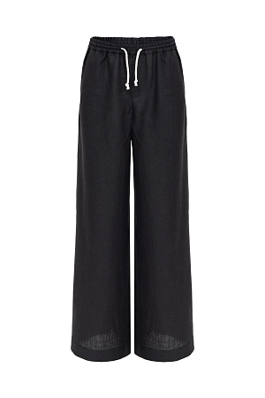 черный Широкие льняные брюки. Модель прямого силуэта с боковыми карманами и эластичным поясом на резинке с кулиской.