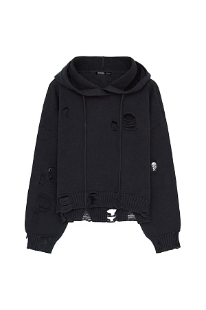 черный Трикотажный джемпер из 100% хлопка. Модель свободного силуэта с капюшоном на кулиске и разрезами в стиле гранж. 