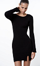 Трикотажное мини платье из шерсти с добавлением вискозы. Модель по фигуре с круглым вырезом горловины, длинными рукавами и невысоким разрезом спереди. Изделие декорировано объемными вытачками, имитирующими бюстье. 