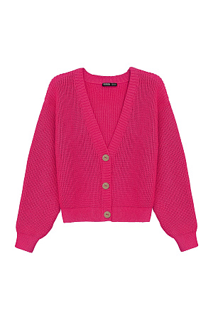 фуксия Хлопковый кардиган полуфанг с длинными рукавами. V-образный вырез, низ изделия и манжеты на эластичной ленте в рубчик.
