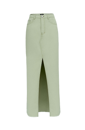 зеленый Джинсовая юбка длины макси из 100% хлопка. Модель со средней посадкой, с разрезом спереди и необработанным низом. Застежка на молнию и пуговицу.