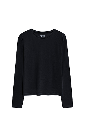 черный Базовый лонгслив из хлопка с добавлением шерсти. Модель по фигуре с длинными рукавами и круглым вырезом горловины.