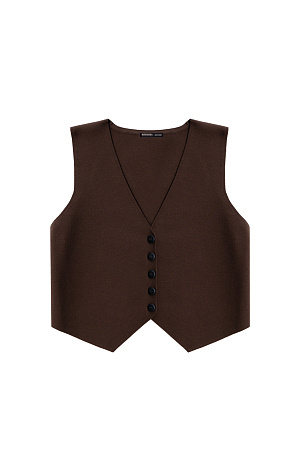 коричневый Трикотажный жилет из вискозы. Модель прямого кроя с V-образным вырезом и застежкой на пуговицы. 