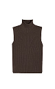 Трикотажный жилет из шерсти с добавлением акрила. Модель прямого силуэта, без рукавов, с декоративными сбавками на груди и высоким воротником с валиком. Дополнить образ можно юбкой в таком же стиле.