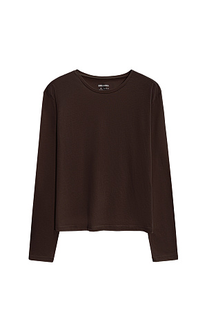 коричневый Базовый лонгслив из хлопка с добавлением шерсти. Модель по фигуре с длинными рукавами и круглым вырезом горловины.