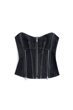 черный Джинсовый корсет из 100% хлопка. Модель приталенного силуэта с акцентной строчкой и застежкой на молнию спереди. Шнуровка на спинке.