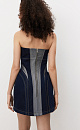Платье длины мини из денима с металлизированной нитью. Модель по фигуре с корсетным верхом и фигурным вырезом декольте. Изделие выполнено на подкладке с накладками на бедрах для моделирования силуэта "песочные часы". Застежка на молнию сзади.