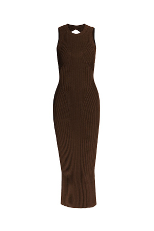 коричневый Трикотажное платье без рукавов. Модель приталенного силуэта с разрезом спереди и перекрученной спинкой.
