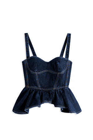 синий Джинсовый топ из 100% хлопка. Модель приталенного силуэта на широких бретельках, с фигурным лифом, акцентными строчками и баской. Застежка на молнию сзади. 