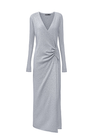 серый Трикотажное платье на запах из шерсти и кашемира. Модель приталенного силуэта с V-образным вырезом, длинными рукавами и кулиской на талии. Подол платья и манжеты рукавов декорированы валиками.