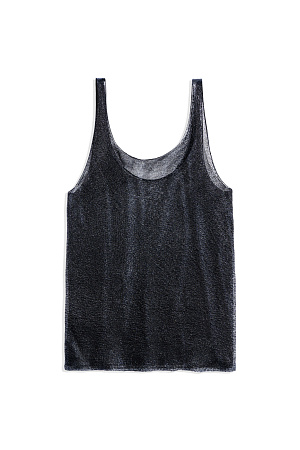 черный Полупрозрачная цельновязаная майка из вискозы с добавлением люрекса. Модель свободного силуэта на тонких бретельках и глубоким вырезом декольте.