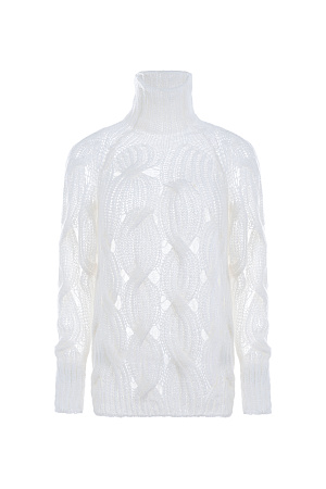 белый Объемный удлиненный джемпер с мохером, вязка выполнена крупными косами. Высокий ворот под горло. Манжеты рукавов и низ изделия на резинке. 