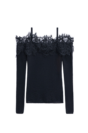 черный Трикотажный лонгслив из шерсти мериноса экстрафайн и альпака суперфайн. Модель по фигуре на тонких бретелях с длинными рукавами и открытой линией плеч. Декольте декорировано кружевом.