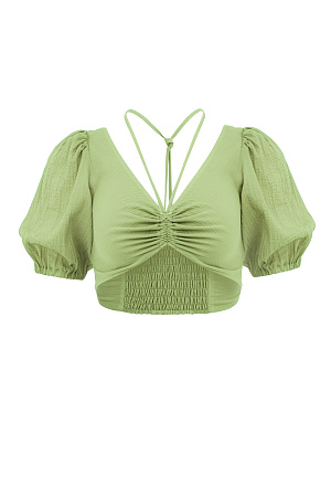 зеленый Короткий топ из 100% хлопка на тонкой кулиске вокруг шеи, рукава-фонарики.