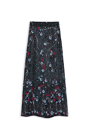 зеленый Юбка длины макси с цветочным орнаментом, вышитым пайетками и бисером. Застежка на потайную молнию. Изделие без подкладки.