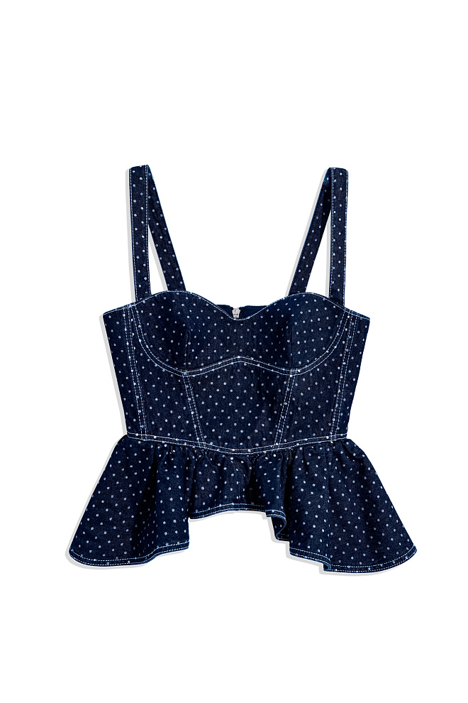 Джинсовый топ с баской в горох