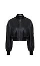 Укороченный бомбер из экокожи. Модель свободного силуэта со спущенным рукавом и накладным карманом на рукаве. Манжеты и низ изделия на резинке. Застежка на молнию.