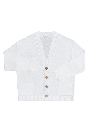 белый Трикотажный кардиган из 100% льна. Модель свободного кроя со спущенной линией плеча, длинным рукавом, накладными карманами и V-образным вырезом горловины. Края изделия выполнены в рубчик. Застежка на пуговицы.