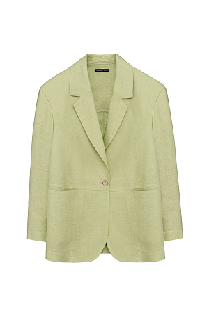 зеленый Однобортный жакет из 100% льна. Модель свободного силуэта с англиским воротником и прорезными карманами спереди. Застежка на одну пуговицу. Дополнить образ можно брюками в таком же стиле.