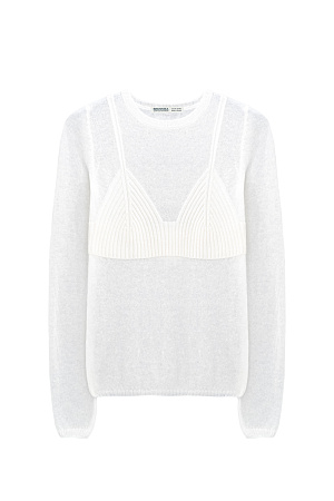 белый Тонкий трикотажный джемпер из шерсти мериноса экстрафайн и альпака суперфайн. Модель по фигуре с круглым вырезом горловины и длинными рукавами. Изделие декорировано акцентной деталью в рубчик, имитирующей форму бюстье на тонких бретельках. 