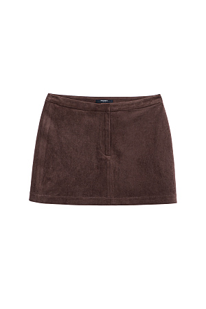 коричневый Юбка длины мини из ткани с имитацией внешнего вида и свойств натуральной замши. Застежка на скрытую пуговицу и молнию спереди. 