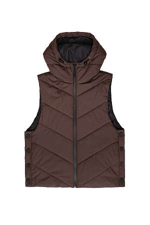 коричневый Oversize жилет на синтепоне с капюшоном. Модель свободного силуэта с застежками на кнопки по бокам и молнию.