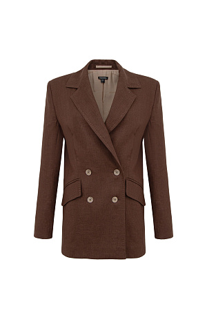 коричневый Классический двубортный жакет из 100% льна. Модель прямого кроя с английским воротником и прорезными карманами с клапанами. Изделие декорировано отстрочкой контрастного цвета. На подкладке.
