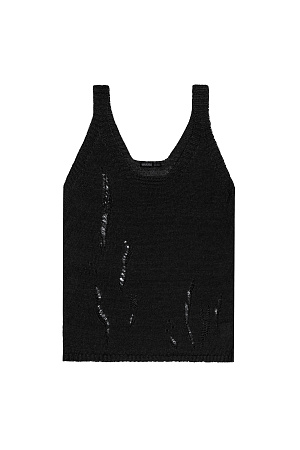 черный Трикотажный топ из 100% льна. Модель свободного силуэта, с глубокой проймой и U-вырезом горловины. Изделие выполнено с эффектом рвани.