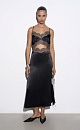 Атласное платье длины макси, декорированное кружевом. Модель приталенного силуэта на тонких бретелях, с открытой спиной и вырезом под грудью. Застежка на потайную молнию.