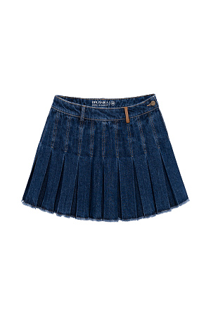 синий Джинсовая юбка длины мини выполненная из 100% хлопка. Модель в складку с необработанным нижним краем, шлевками на поясе для ремня и застежкой на пуговицу и молнию сбоку.