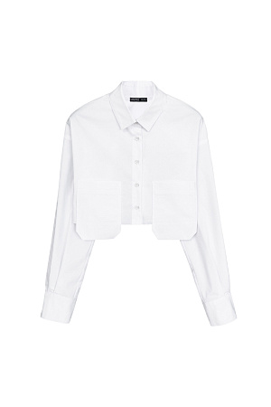 белый Рубашка из хлопка с добавлением полиэстера. Модель укороченного силуэта, с классическим отложным воротником, длинными рукавами и двумя накладными карманами на груди. Застежка на пуговицы. Имитация необработанного края.