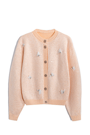 розовый Трикотажный кардиган из вискозы и хлопка. Модель свободного силуэта, со спущенной линией плеч и круглым вырезом горловины. Застежка на пуговицы. Изделие декорировано маленькими пайетками и объемными цветами из бисера.
