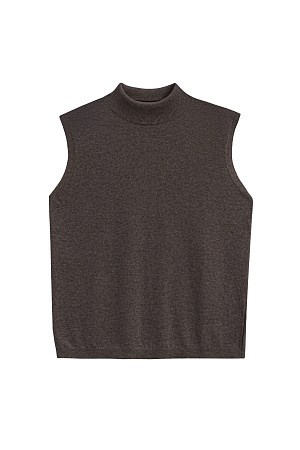 коричневый Трикотажный жилет из кашемира и шерсти. Модель без рукавов с воротником-стойкой, выполненным в тонкий рубчик.