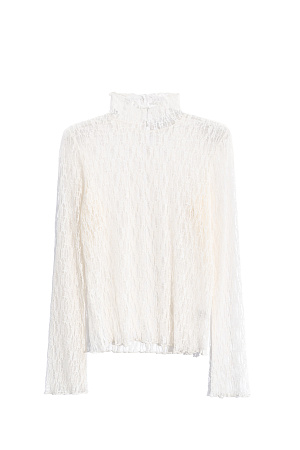 молочный Топ из полупрозрачного кружева. Модель с длинными расклешенными к манжетам рукавами и воротником-стойкой с пуговицами. Изделие без подкладки.