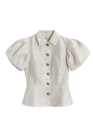 молочный Однобортный жакет из жаккарда с баской. Модель приталенного силуэта с рукавами-фонариками и отложным воротником. Застежка на акцентные пуговицы. Изделие выполнено на подкладке.