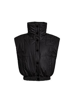 черный Жилет из экокожи. Модель приталенного силуэта с воротником-стойкой и боковыми карманами. Низ изделия на резинке, застежка на кнопки.