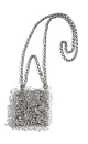 Сумочка, выполненная путем переплетения металлических колец и декорированная прозрачными бусинами неправильной формы. Модель с двумя ремешками-цепочками на карабинах. Высота изделия составляет 12 см, длина ручки - 12 см, длина цепочки - 109 см.