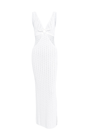белый Трикотажный ажурный сарафан из вискозы длины макси. Модель декорирована кольцом, которое соединяет декольте с V-образным вырезом и юбку изделия. Без подкладки.