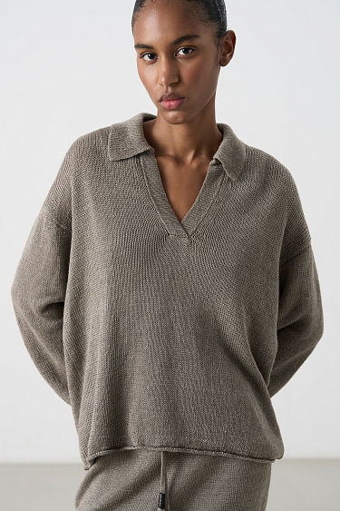 Джемпер из 100% льна с воротником поло