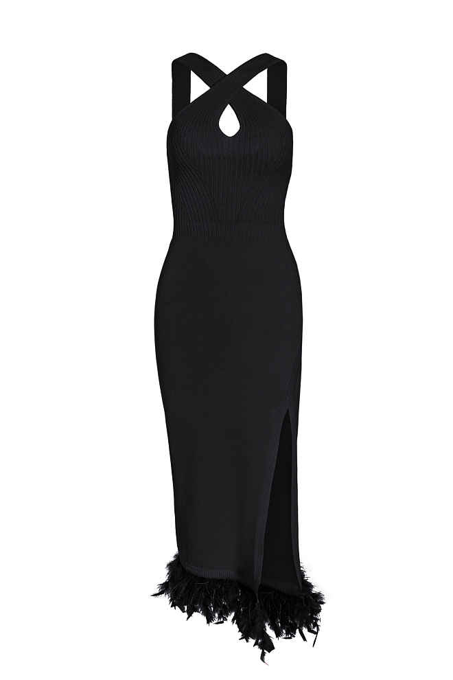 Платье декорированное перьями