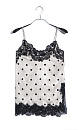 Атласный топ в горох. Модель на тонких бретельках. Изделие декорировано тонким кружевом.
