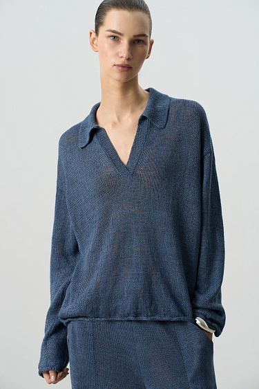 Джемпер из 100% льна с воротником поло