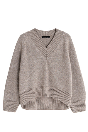 бежевый Трикотажный джемпер из шерсти мериноса с люрексом. Модель свободного силуэта с V-образным вырезом. 