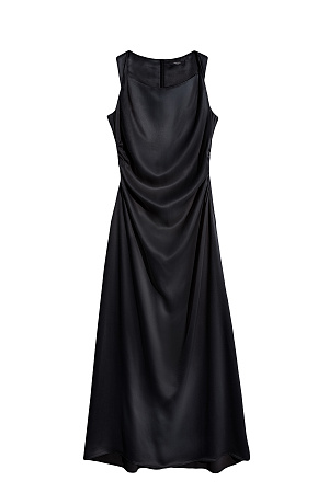 черный Атласное платье длины миди из 100% вискозы. Модель приталенного силуэта, без рукавов, с перекрутом на плечах и драпировкой. Застежка на молнию сзади.