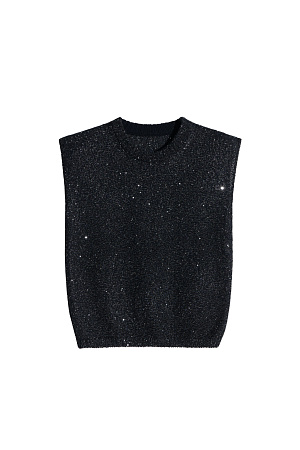черный Трикотажный топ из хлопка с пайетками. Модель прямого кроя без рукавов, с круглым вырезом горловины. Края изделия выполнены в рубчик.
