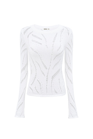 белый Трикотажный джемпер из 100% хлопка. Длинные расклешенные рукава, круглый вырез в рубчик. Модель фактурной вязки с протяжками.