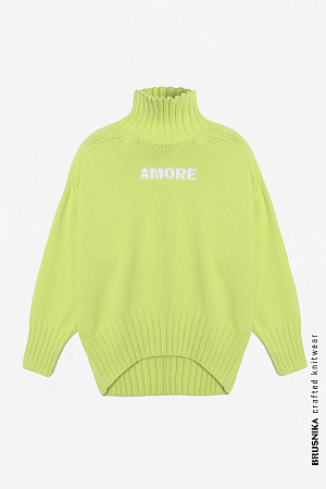 зеленый Трикотажный джемпер из 100% хлопка. Модель свободного силуэта со спущенной линией плеч, высоким воротом и вывязанной надписью "Amore" на груди.