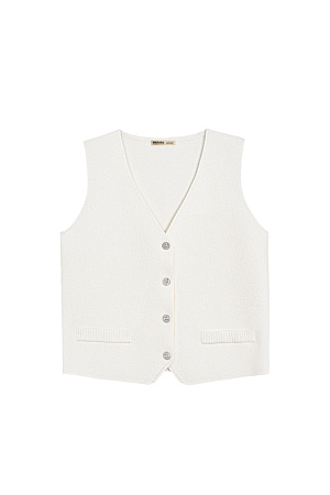 молочный Трикотажный жилет из смесовой шерсти с кашемиром. Модель прямого кроя с V-образным вырезом и застежкой на пуговицы. Имитация карманов. Без подкладки.